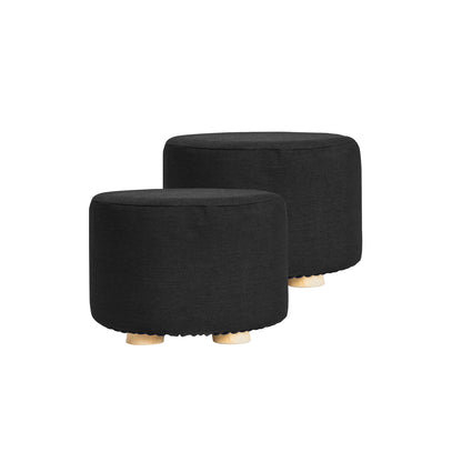 2X Fabric Ottoman Round Wooden Leg Foot Stool - BLACK - ShopFrenzy