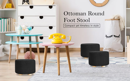 2X Fabric Ottoman Round Wooden Leg Foot Stool - BLACK - ShopFrenzy