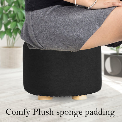 2X Fabric Ottoman Round Wooden Leg Foot Stool - BLACK - ShopFrenzy