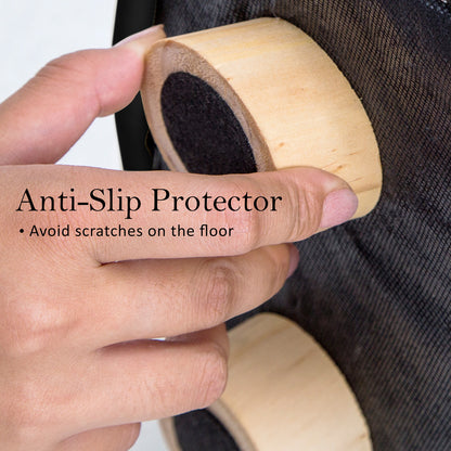 2X Fabric Ottoman Round Wooden Leg Foot Stool - BLACK - ShopFrenzy