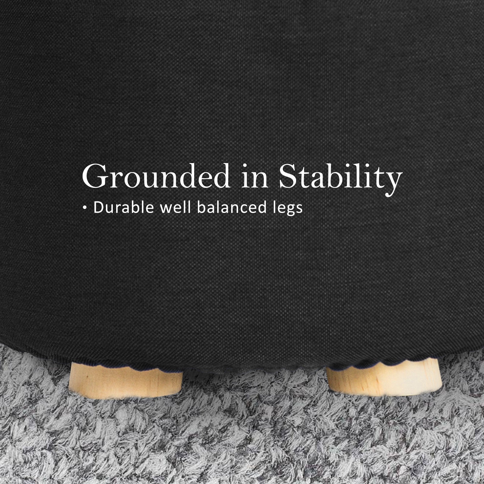 2X Fabric Ottoman Round Wooden Leg Foot Stool - BLACK - ShopFrenzy