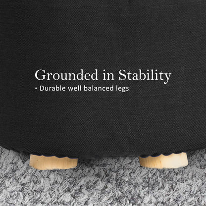 2X Fabric Ottoman Round Wooden Leg Foot Stool - BLACK - ShopFrenzy