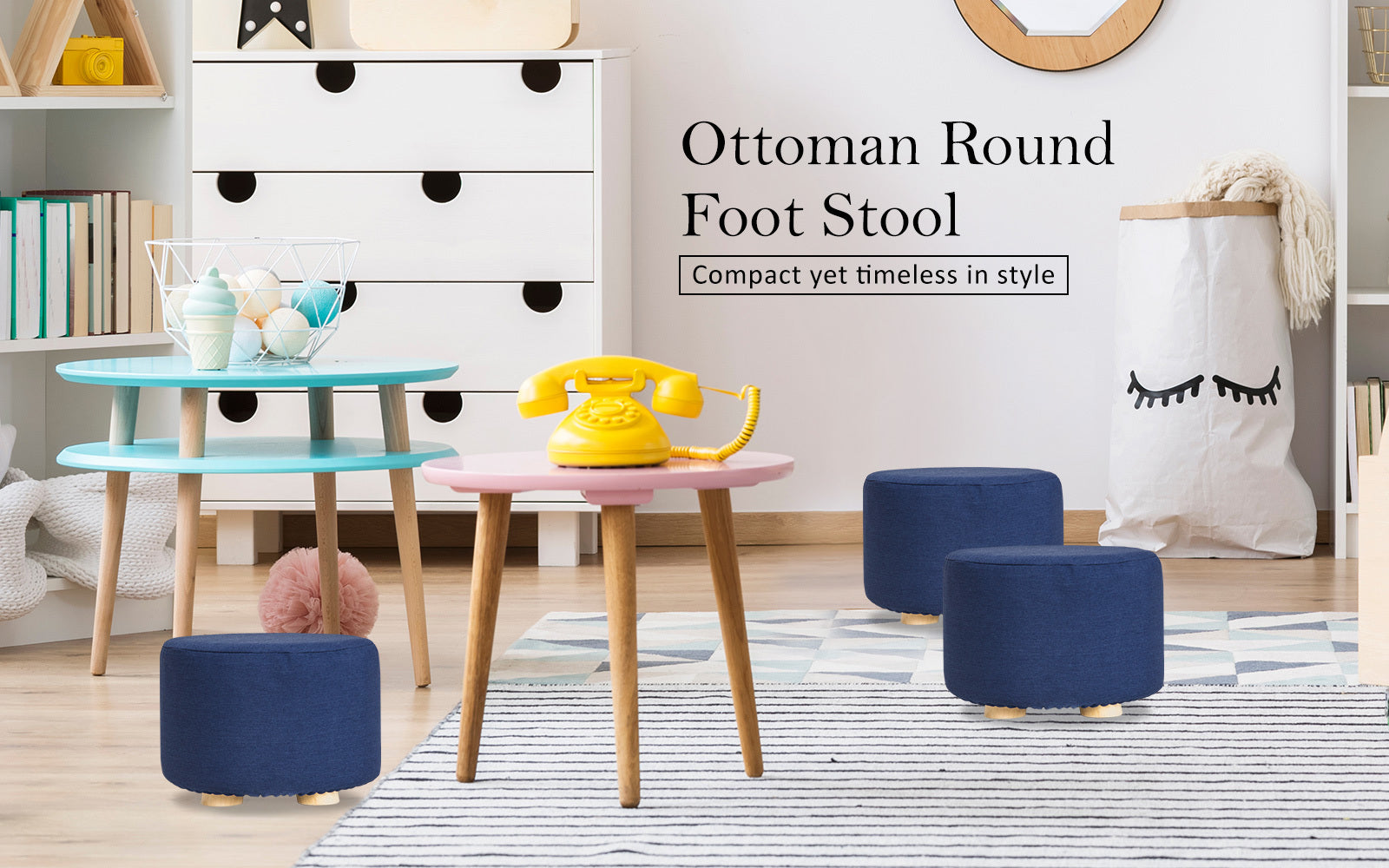 Fabric Ottoman Round Wooden Leg Foot Stool - DARK BLUE - ShopFrenzy