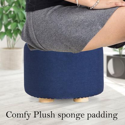 Fabric Ottoman Round Wooden Leg Foot Stool - DARK BLUE - ShopFrenzy