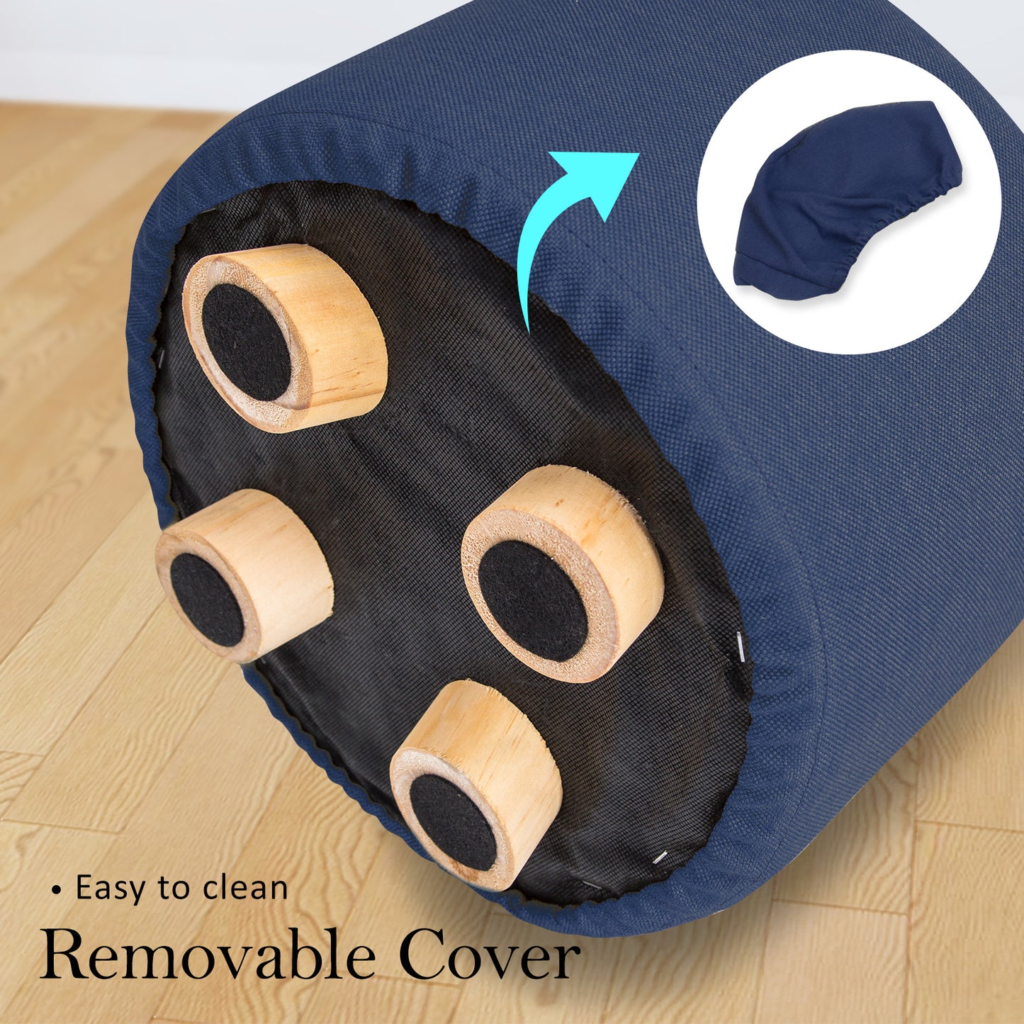 Fabric Ottoman Round Wooden Leg Foot Stool - DARK BLUE - ShopFrenzy