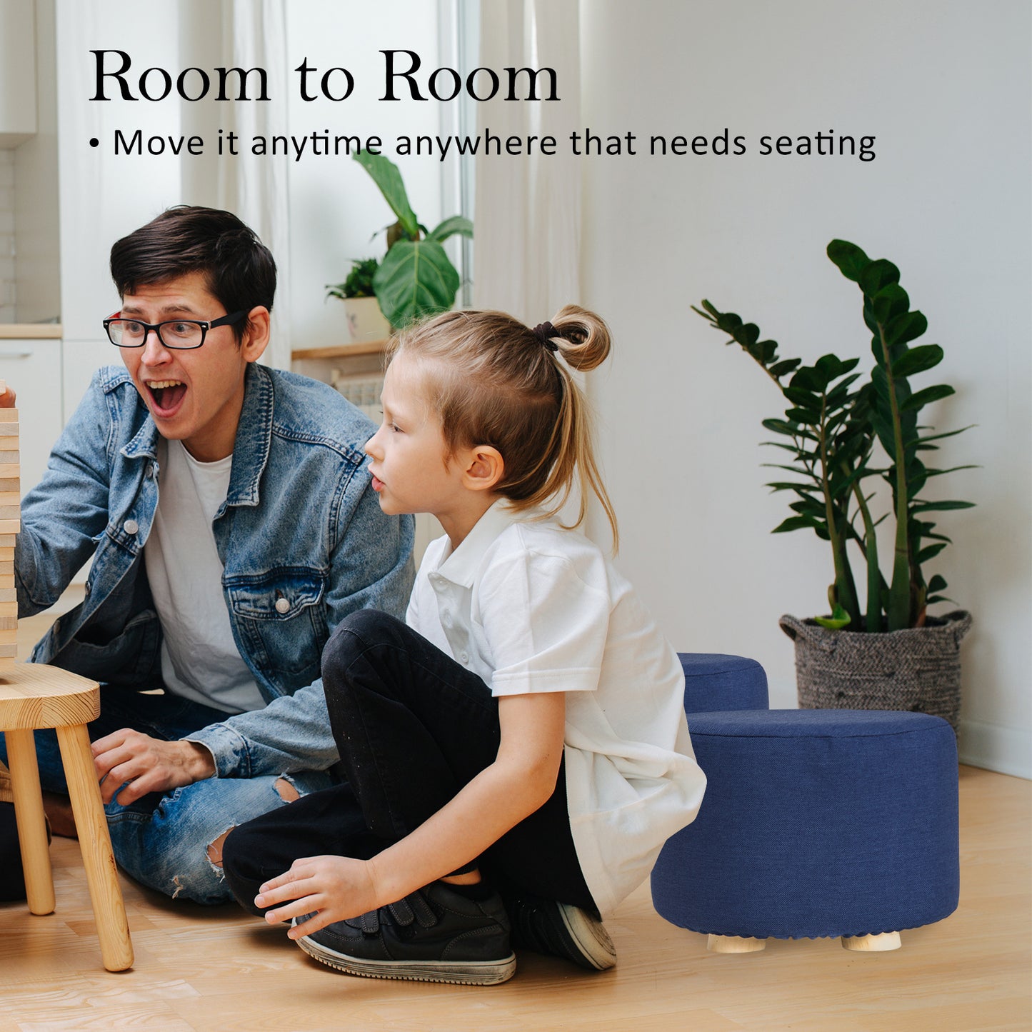 Fabric Ottoman Round Wooden Leg Foot Stool - DARK BLUE - ShopFrenzy