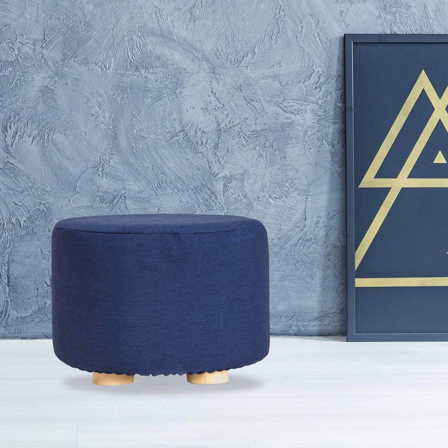 Fabric Ottoman Round Wooden Leg Foot Stool - DARK BLUE - ShopFrenzy