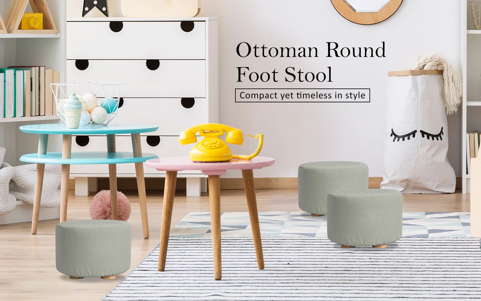 Fabric Ottoman Round Wooden Leg Foot Stool - GREY - ShopFrenzy