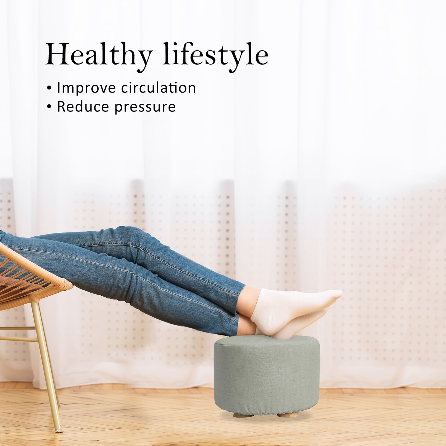 Fabric Ottoman Round Wooden Leg Foot Stool - GREY - ShopFrenzy