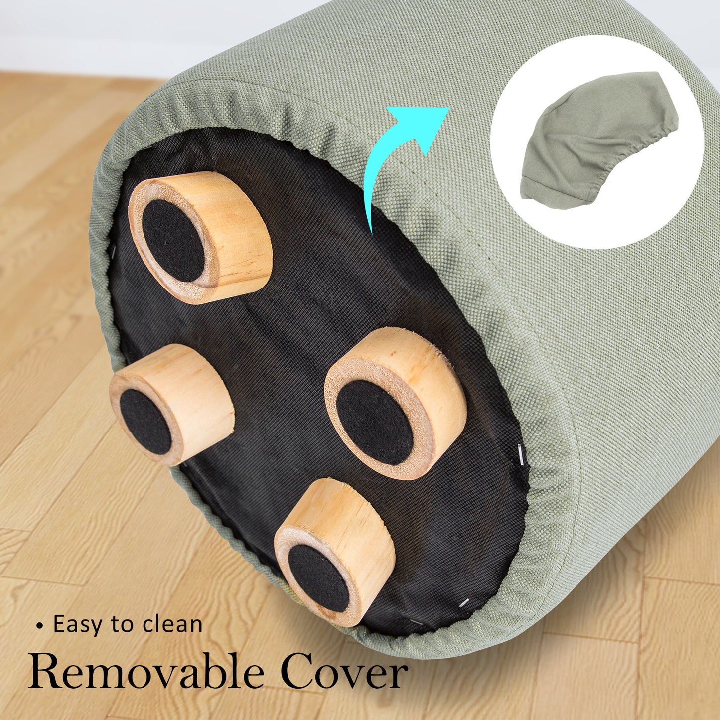 Fabric Ottoman Round Wooden Leg Foot Stool - GREY - ShopFrenzy