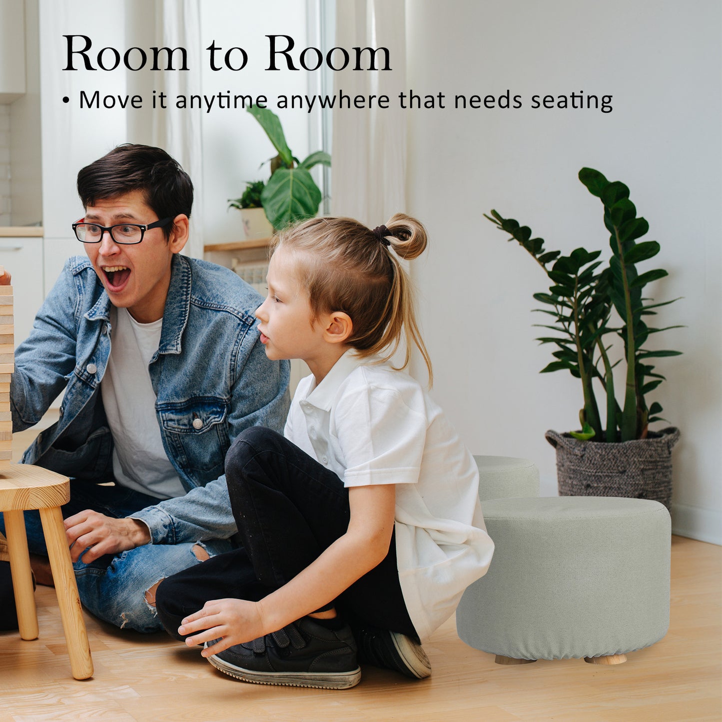 Fabric Ottoman Round Wooden Leg Foot Stool - GREY - ShopFrenzy