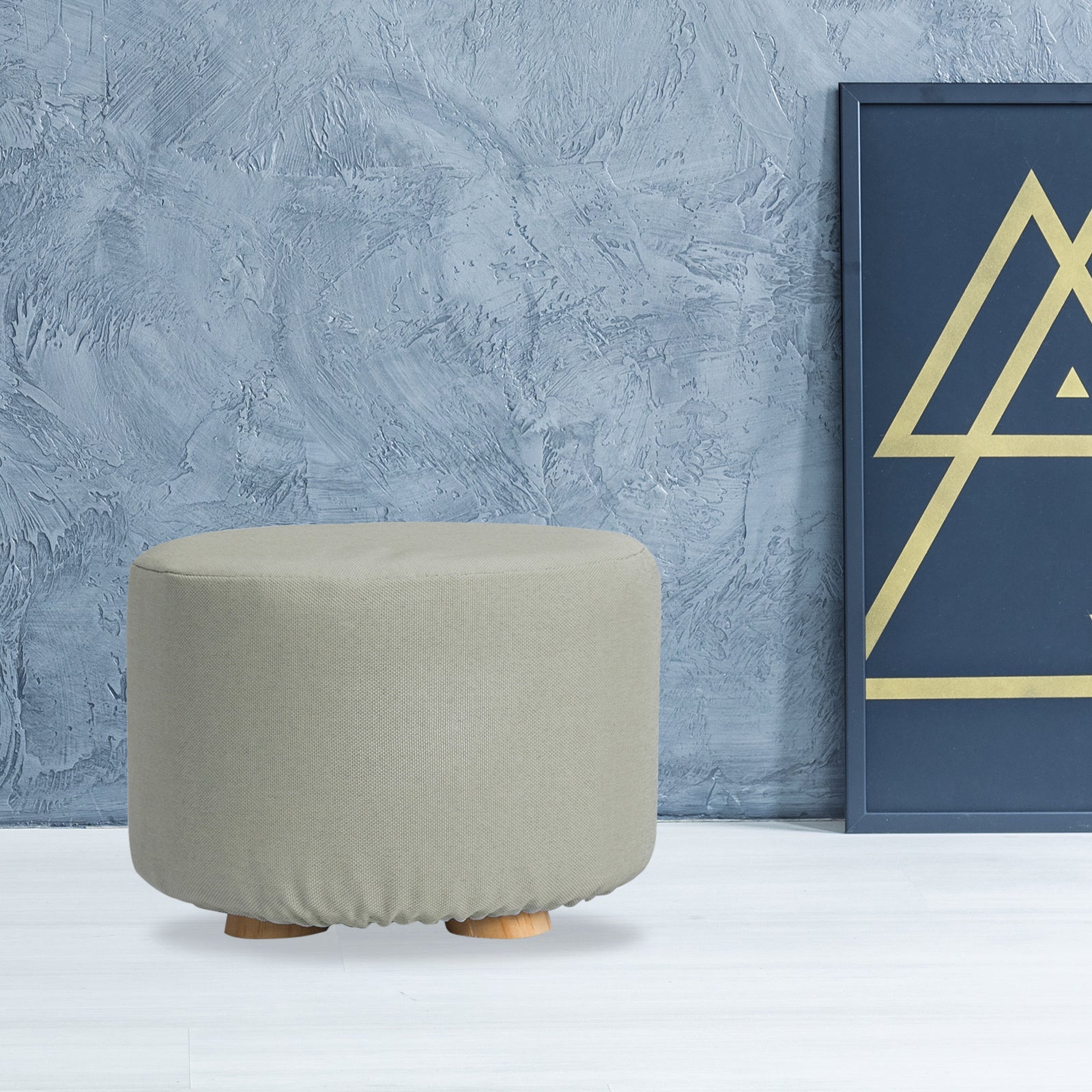Fabric Ottoman Round Wooden Leg Foot Stool - GREY - ShopFrenzy