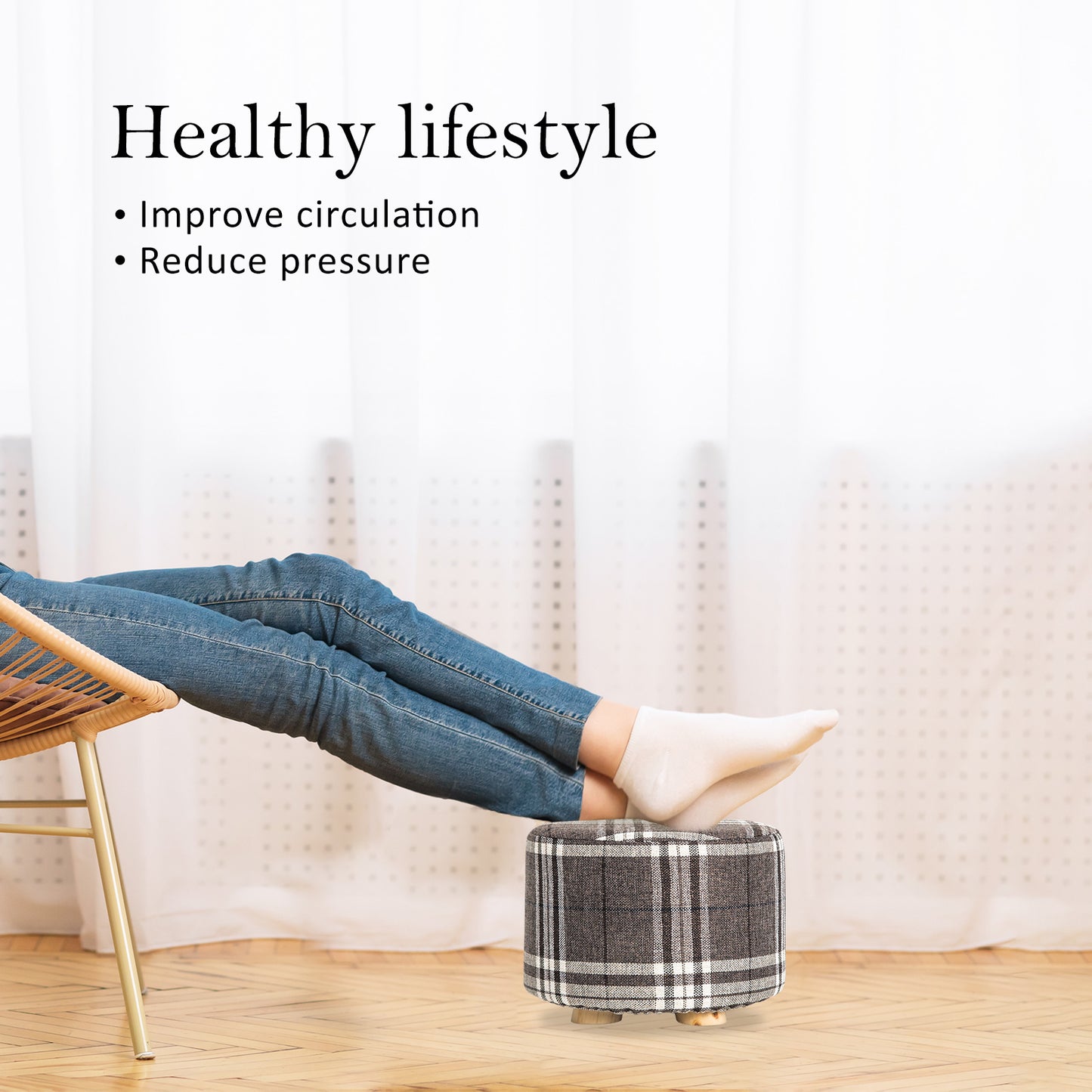 Fabric Ottoman Round Wooden Leg Foot Stool - LATTICE - ShopFrenzy