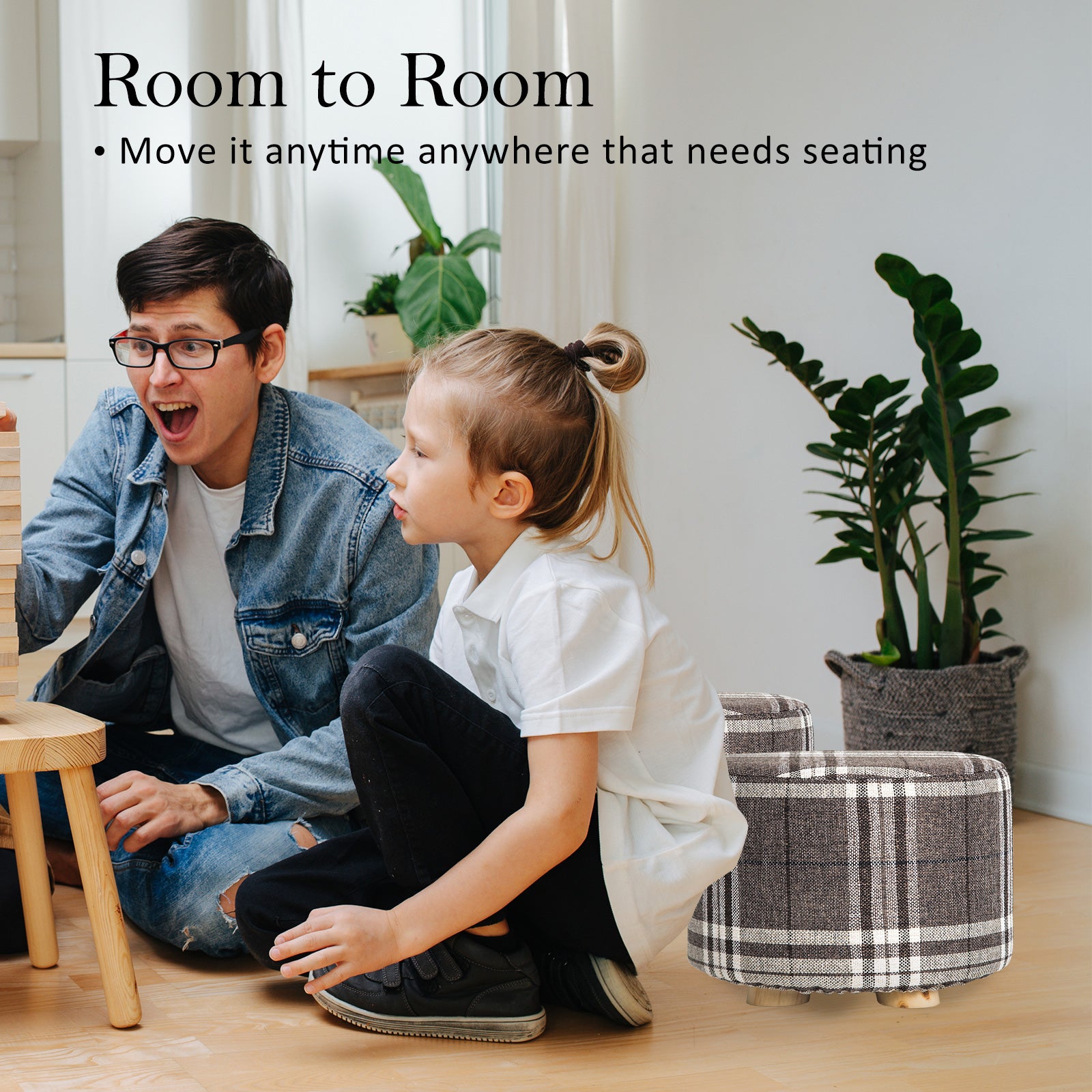 Fabric Ottoman Round Wooden Leg Foot Stool - LATTICE - ShopFrenzy