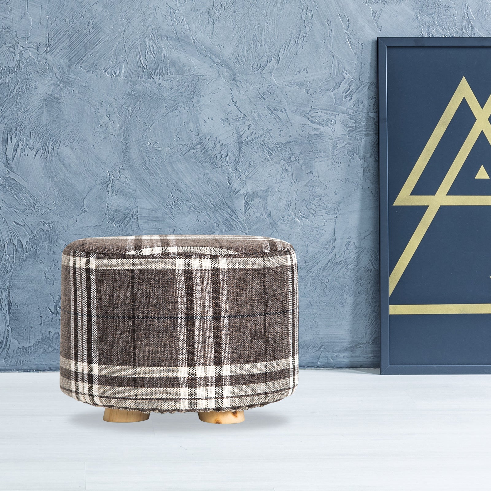 Fabric Ottoman Round Wooden Leg Foot Stool - LATTICE - ShopFrenzy