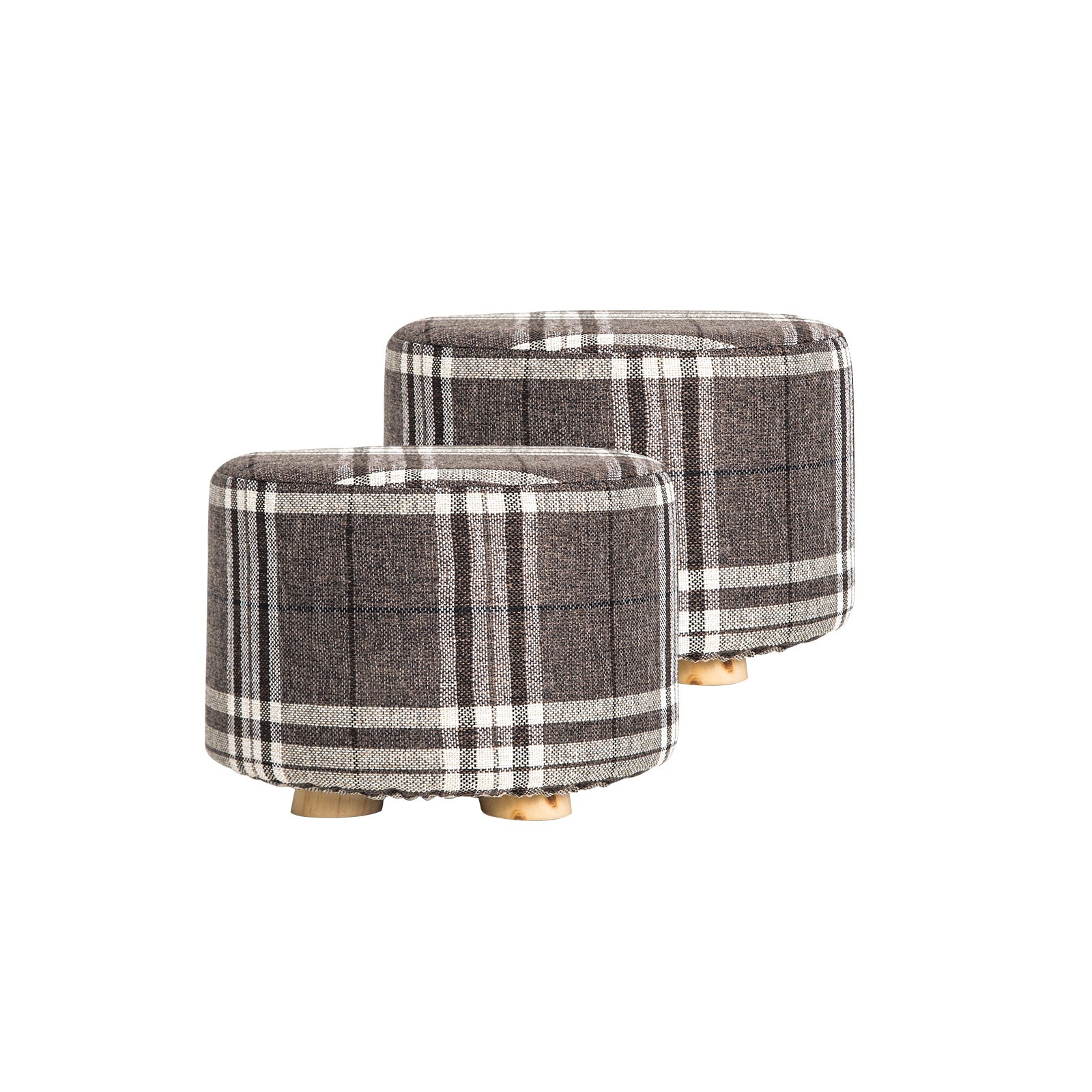 2X Fabric Ottoman Round Wooden Leg Foot Stool - LATTICE - ShopFrenzy