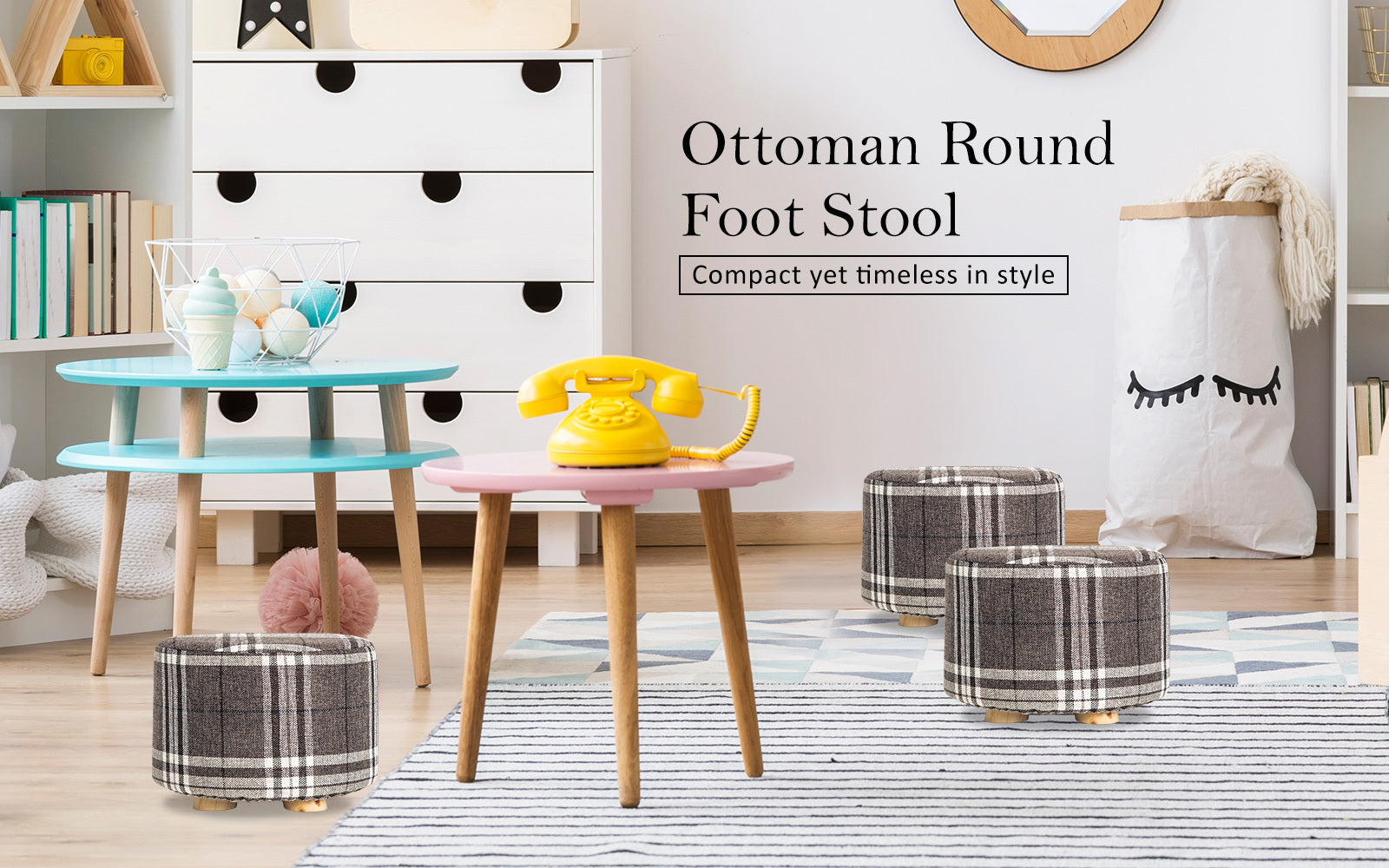 2X Fabric Ottoman Round Wooden Leg Foot Stool - LATTICE - ShopFrenzy