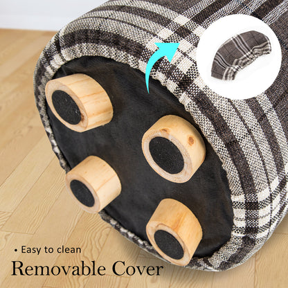 2X Fabric Ottoman Round Wooden Leg Foot Stool - LATTICE - ShopFrenzy