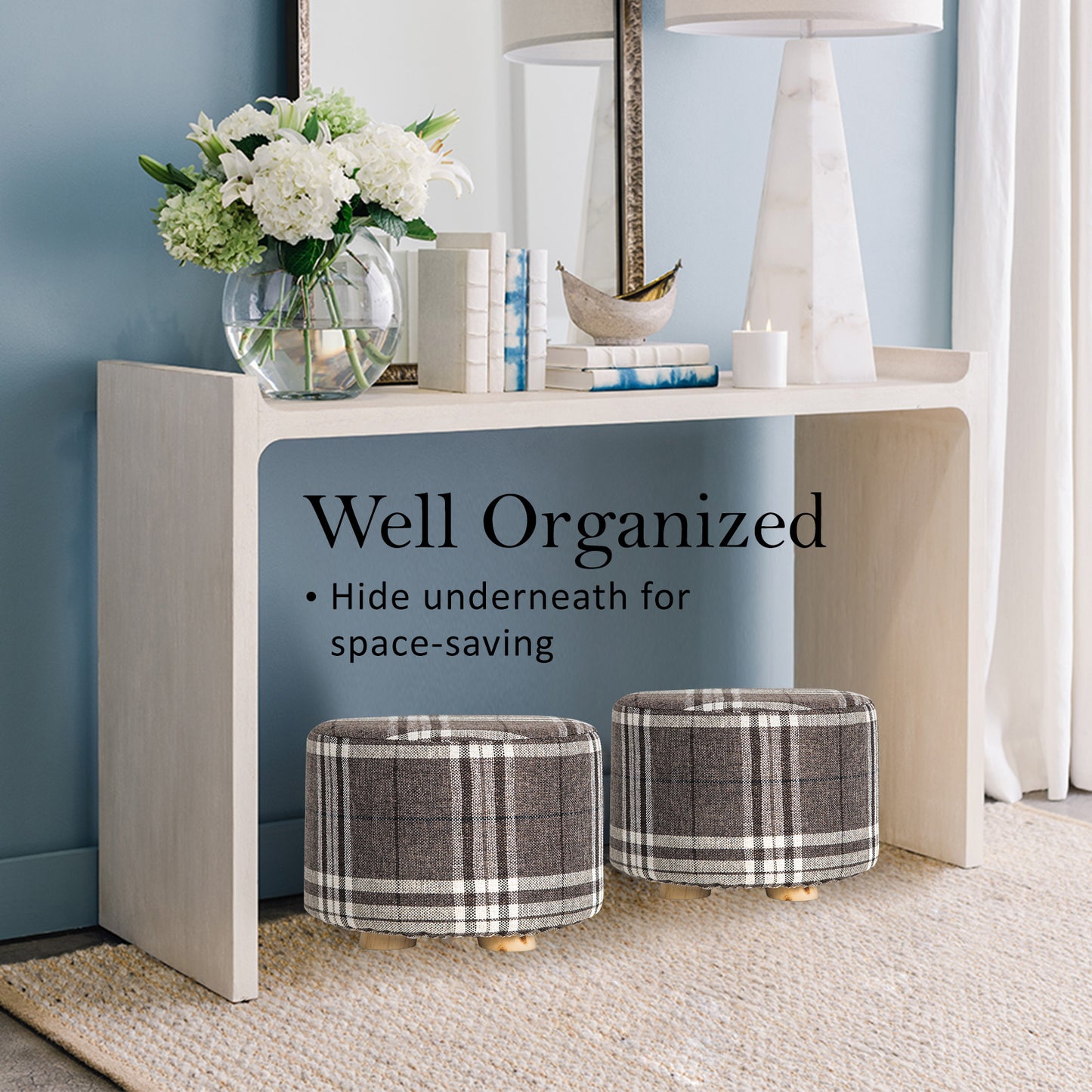 2X Fabric Ottoman Round Wooden Leg Foot Stool - LATTICE - ShopFrenzy