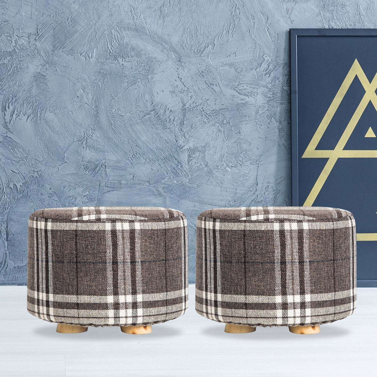2X Fabric Ottoman Round Wooden Leg Foot Stool - LATTICE - ShopFrenzy
