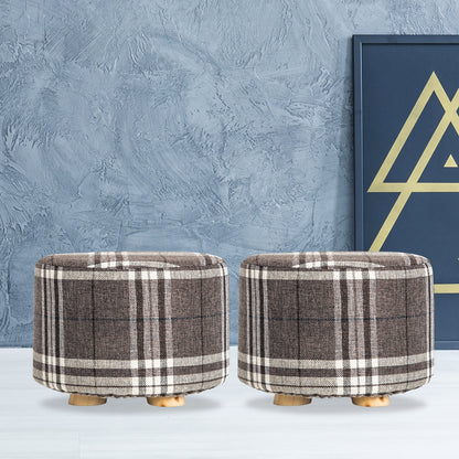2X Fabric Ottoman Round Wooden Leg Foot Stool - LATTICE - ShopFrenzy