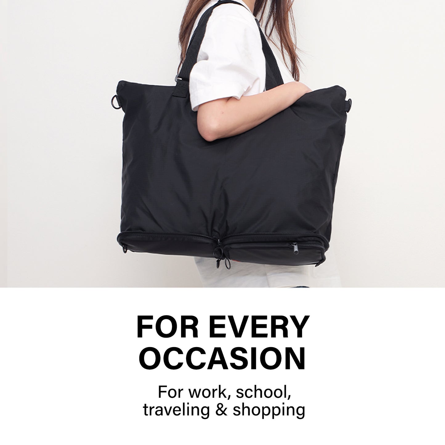 Shopper Bag Tote Bag Foldable Travel Laptop Grocery Nylon KO-DUAL BLACK - ShopFrenzy