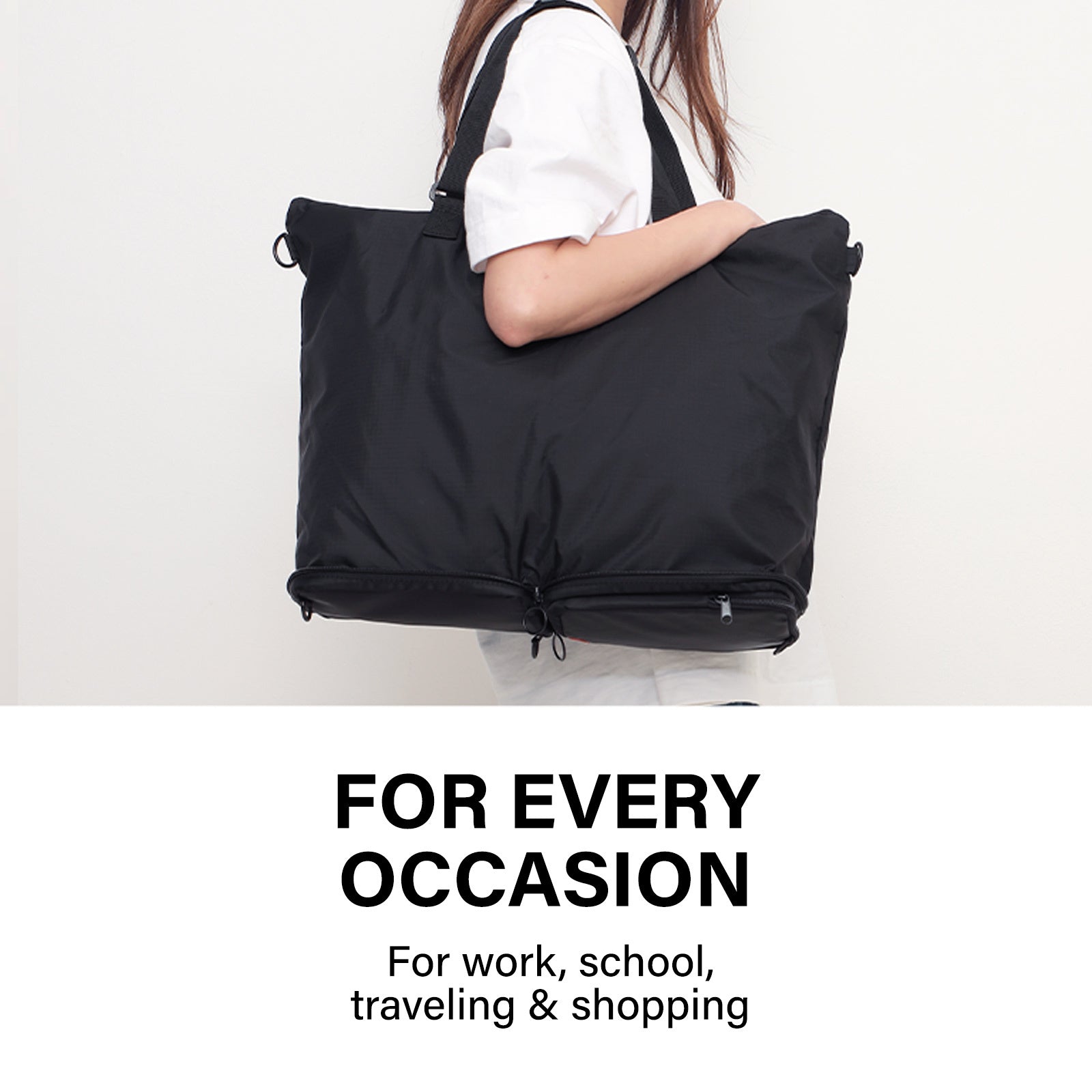 Shopper Bag Tote Bag Foldable Travel Laptop Grocery Nylon KO-DUAL BLACK - ShopFrenzy