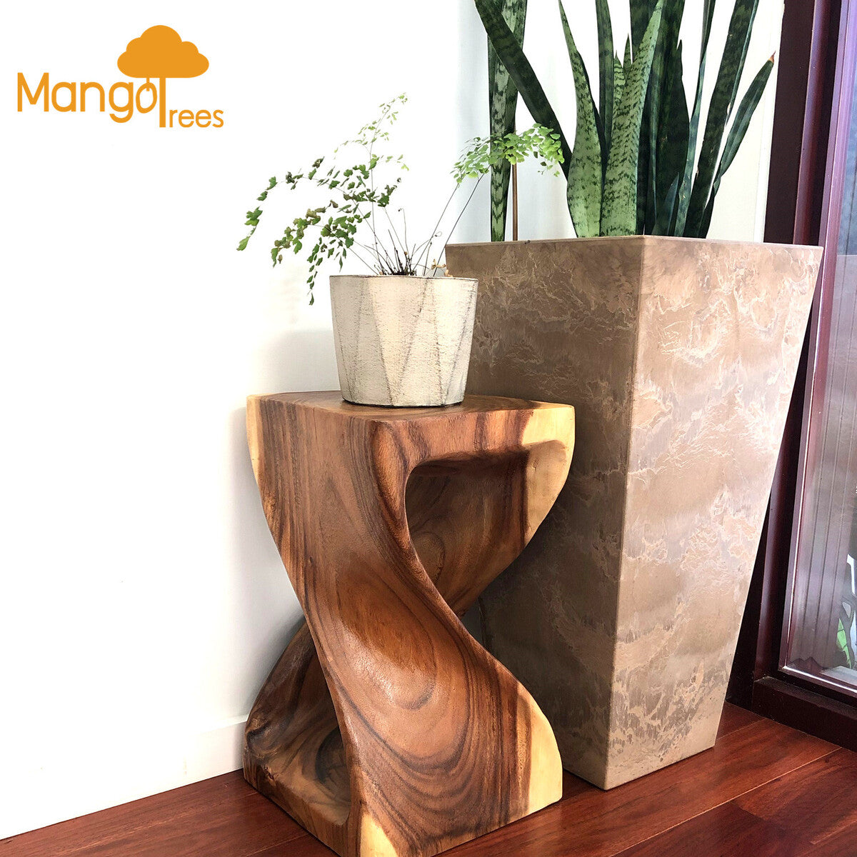 The Twist Raintree Wood Side Table/Corner Table/Planet Stand Clear Finish - ShopFrenzy